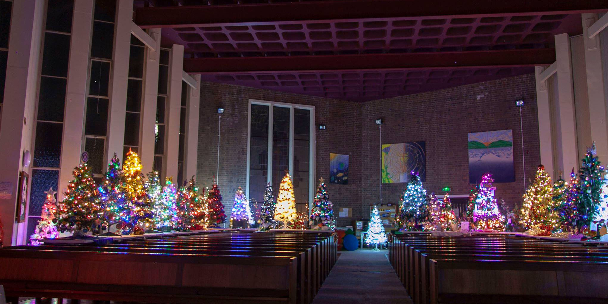 Interior of Old Brumby Church at night full of pretty Christmas trees with colourful lights.